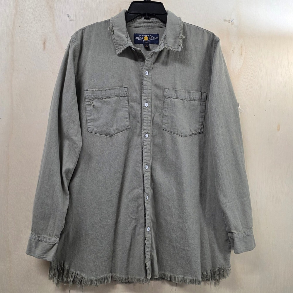 Lucky Brand Olive Green Distressed Frayed Hem Cotton Button Down Shirt Large